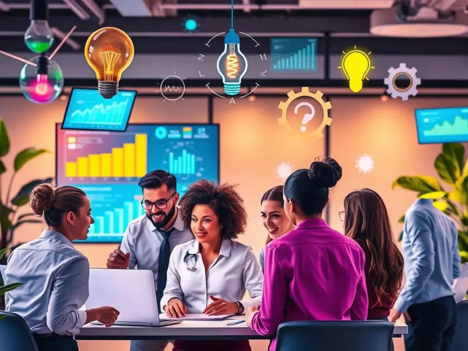 A dynamic meeting room with diverse professionals collaborating, surrounded by charts and graphs representing growth and training, a central table filled with laptops and training materials, a large screen showcasing a progress timeline from Hire, Train, Deploy. This visual emphasizes the seamless flow of the talent management process, from recruitment to employee development and deployment.