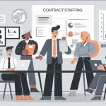 The image depicts a graphical user interface related to contract staffing. It features a person, likely wearing a suit, among elements of furniture that suggest an office environment. The design emphasizes professionalism with tags including clothing and man.