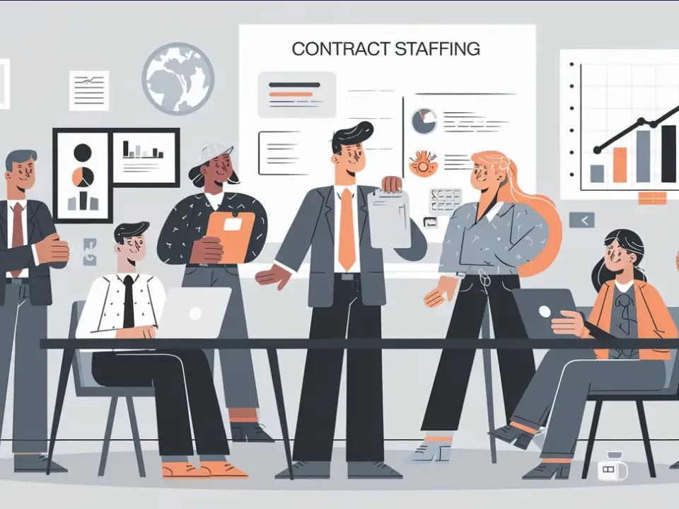 The image depicts a graphical user interface related to contract staffing. It features a person, likely wearing a suit, among elements of furniture that suggest an office environment. The design emphasizes professionalism with tags including clothing and man.