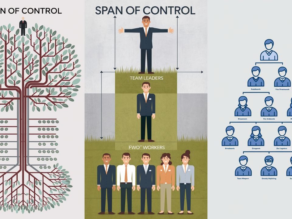 The image is a diagram that illustrates the concept of "Span of Control." It likely shows a timeline or structure related to team leaders and their corresponding workforce. The text suggests a breakdown between team leaders and their teams, visually demonstrating how many workers are managed by each leader. The design incorporates text elements to enhance understanding of the relationships depicted.