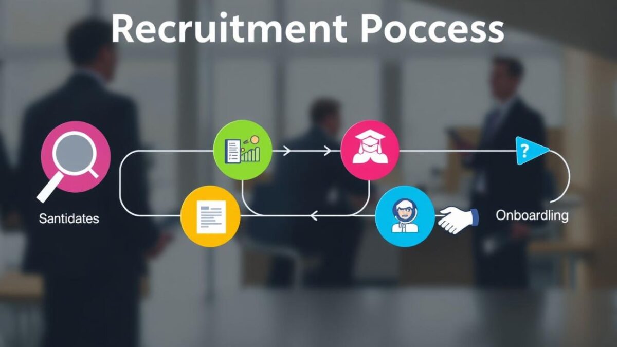 A visually engaging flowchart depicting the recruitment process, featuring distinct stages such as sourcing candidates, interviewing, training, and onboarding. Use vibrant colors, icons representing each stage like magnifying glass for sourcing, a checklist for interviews, a graduation cap for training, and a handshake for onboarding. The background should be abstract and professional, conveying a sense of efficiency and collaboration.